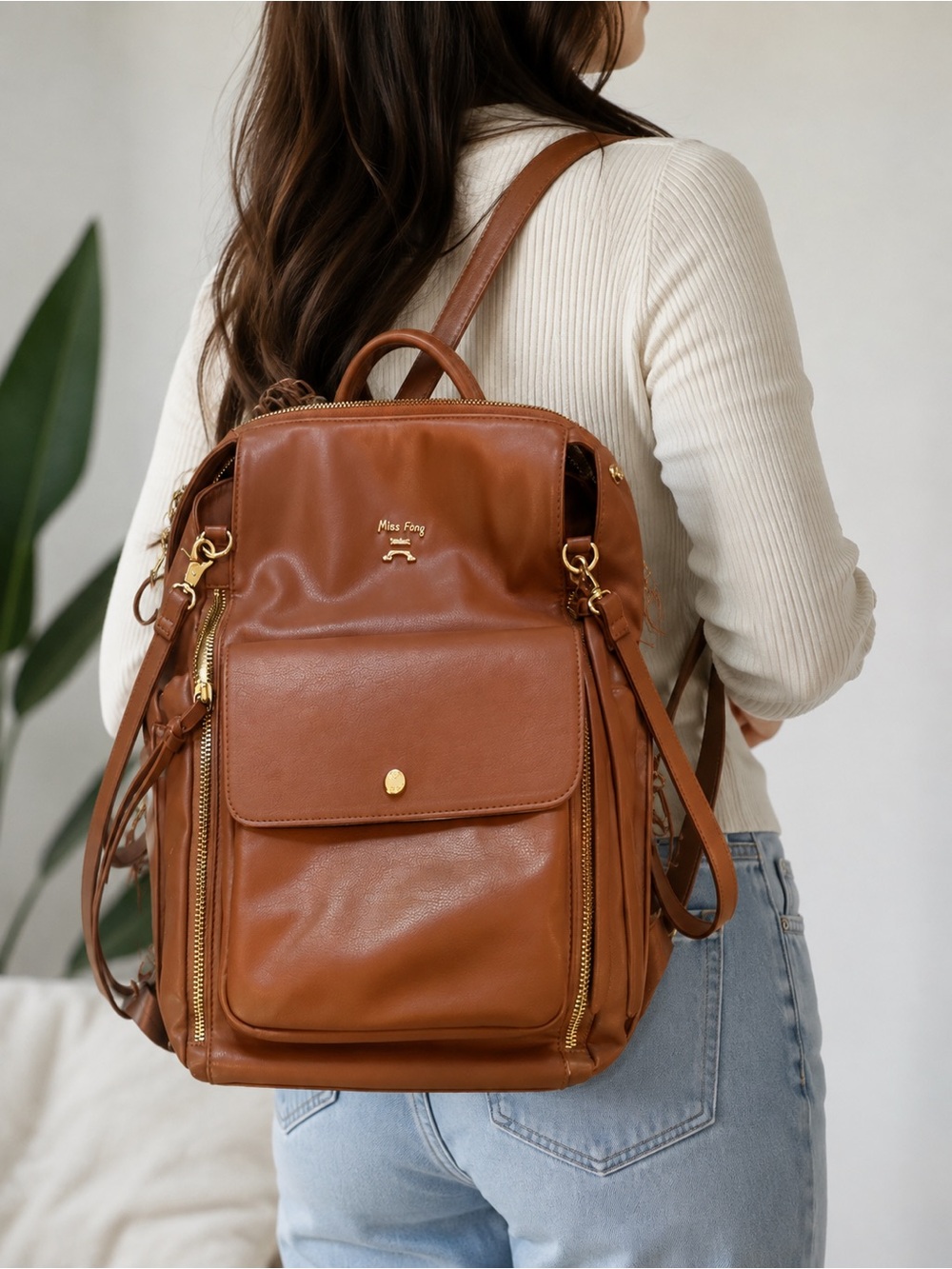 Miss Fong Leather Tote in Warm Cognac